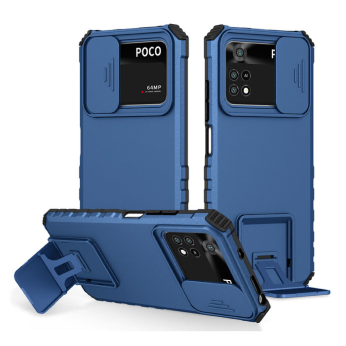 Keysion Xiaomi Poco M3 Pro - Estuche con función atril y portaobjetos para cámara - Funda azul