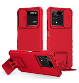 Keysion Xiaomi Poco M3 Pro (5G) - Kickstand Case avec Camera Slide - Cover Case Rouge