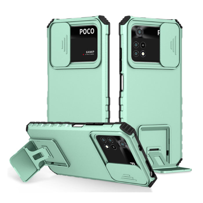Xiaomi Poco M3 - Kickstand Hoesje met Camera Slide - Cover Case Groen