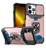 Huikai iPhone 12 - Custodia con slot per schede con cavalletto e scivolo per fotocamera - Custodia con copertura magnetica con presa per impugnatura oro rosa