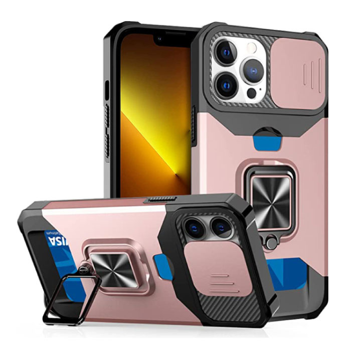 Huikai iPhone 13 - Custodia con slot per schede con cavalletto e scivolo per fotocamera - Custodia con copertura magnetica con presa per impugnatura oro rosa