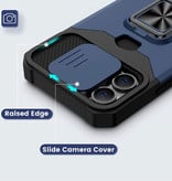 Huikai iPhone 14 Pro - Custodia con slot per schede con cavalletto e scivolo per fotocamera - Custodia con copertura magnetica con presa per impugnatura oro rosa