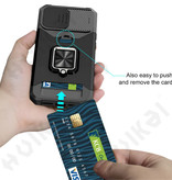 Huikai iPhone 12 Pro - Card Slot Hoesje met Kickstand en Camera Slide - Grip Socket Magnetische Cover Case Zilver - Copy