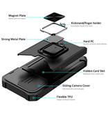 Huikai iPhone 12 Pro - Card Slot Hoesje met Kickstand en Camera Slide - Grip Socket Magnetische Cover Case Zilver - Copy