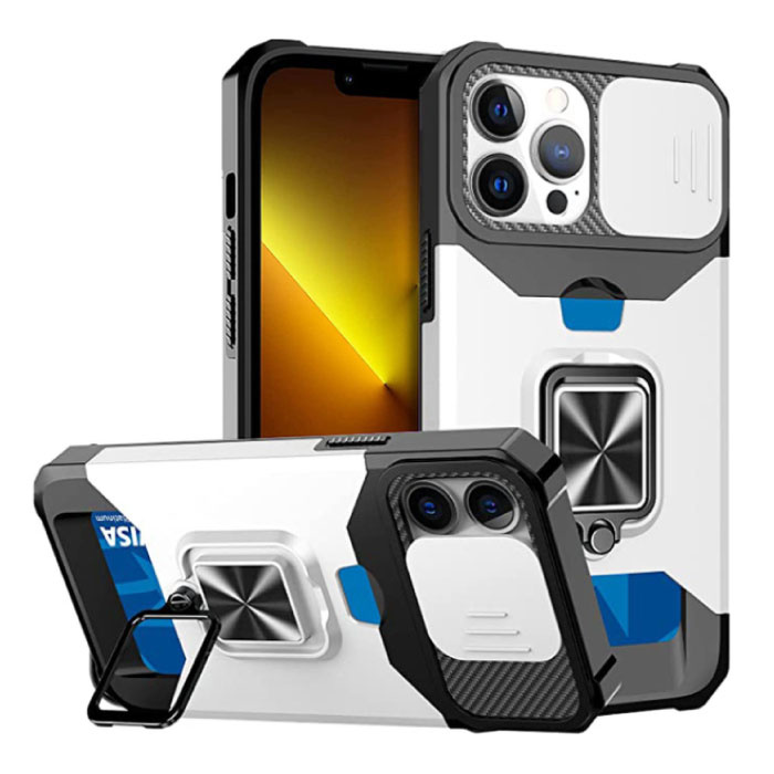 Huikai iPhone XS - Hülle mit Kartensteckplatz mit Kickstand und Kameraschieber - Griffbuchse Magnetische Hülle Silber