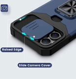 Huikai iPhone XS - Card Slot Hoesje met Kickstand en Camera Slide - Grip Socket Magnetische Cover Case Zilver