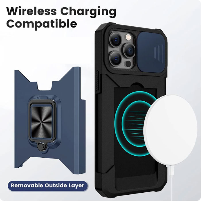 Huikai iPhone 14 Pro Max - Etui na karty z podstawką i wysuwaną kamerą - Magnetyczne etui z uchwytem na gniazdo Srebrne