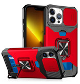 Huikai iPhone 13 Pro - Card Slot Case with Kickstand and Camera Slide - Grip Socket Magnetic Cover Case Red