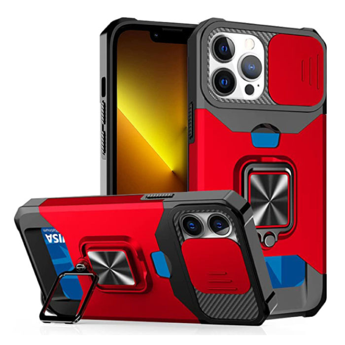 Huikai iPhone 13 Pro - Estuche con ranura para tarjeta con función atril y deslizador para cámara - Estuche con tapa magnética con toma de agarre, rojo