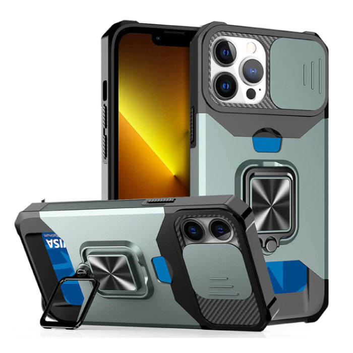 iPhone 12 Pro Max - Card Slot Hoesje met Kickstand en Camera Slide - Grip Socket Magnetische Cover Case Groen