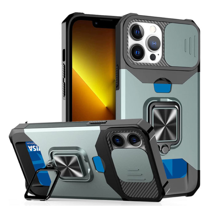 iPhone 14 Plus - Custodia con slot per schede con cavalletto e scivolo per fotocamera - Custodia con presa magnetica verde