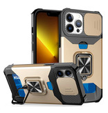 Huikai iPhone 14 - Card Slot Case with Kickstand and Camera Slide - Grip Socket Magnetic Cover Case Gold
