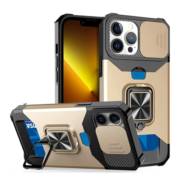 iPhone 14 Plus - Card Slot Hoesje met Kickstand en Camera Slide - Grip Socket Magnetische Cover Case Goud