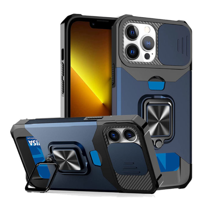 iPhone 12 Pro - Card Slot Hoesje met Kickstand en Camera Slide - Grip Socket Magnetische Cover Case Blauw