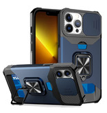 Huikai iPhone 14 Plus - Card Slot Case with Kickstand and Camera Slide - Grip Socket Magnetic Cover Case Blue