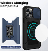 Huikai iPhone XR - Étui à fente pour carte avec béquille et glissière pour appareil photo - Étui de protection magnétique Grip Socket Bleu