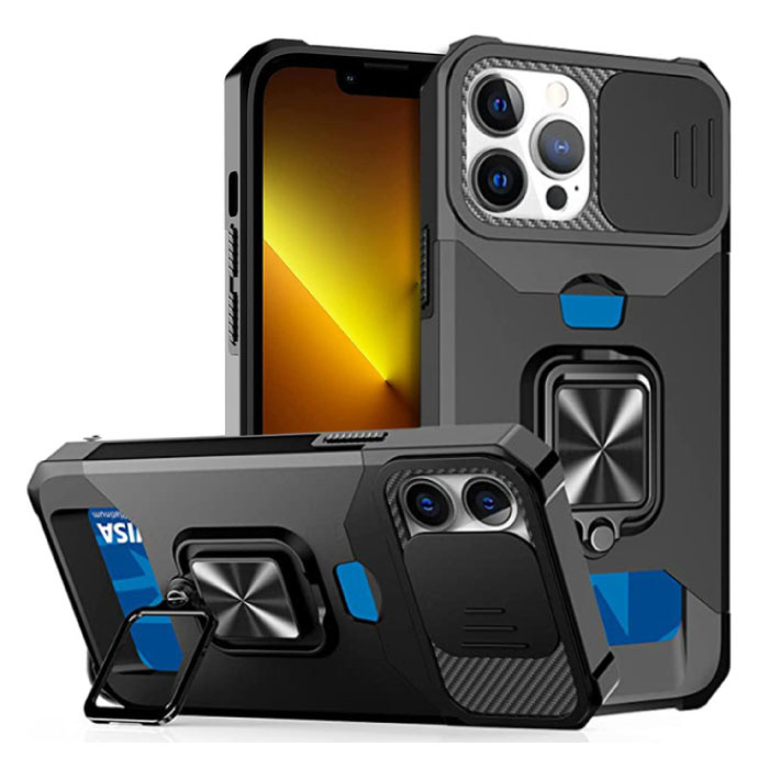 iPhone 12 Pro Max - Card Slot Hoesje met Kickstand en Camera Slide - Grip Socket Magnetische Cover Case Zwart