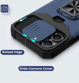 Huikai Samsung Galaxy S21 FE - Card Slot Case mit Kickstand und Camera Slide - Grip Socket Magnetic Cover Case Black