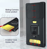 Huikai Samsung Galaxy S21 FE - Card Slot Hoesje met Kickstand en Camera Slide - Grip Socket Magnetische Cover Case Zwart