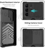 Huikai Samsung Galaxy S21 FE - Étui à fente pour carte avec béquille et glissière pour appareil photo - Étui de protection magnétique Grip Socket Noir