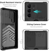 Huikai Samsung Galaxy A12 - Card Slot Hoesje met Kickstand en Camera Slide - Grip Socket Magnetische Cover Case Zwart