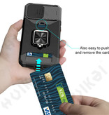 Huikai Samsung Galaxy A12 - Card Slot Hoesje met Kickstand en Camera Slide - Grip Socket Magnetische Cover Case Blauw
