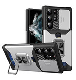 Huikai Samsung Galaxy S21 FE - Estuche con ranura para tarjeta con función atril y deslizador para cámara - Estuche con tapa magnética con toma de agarre, plateado