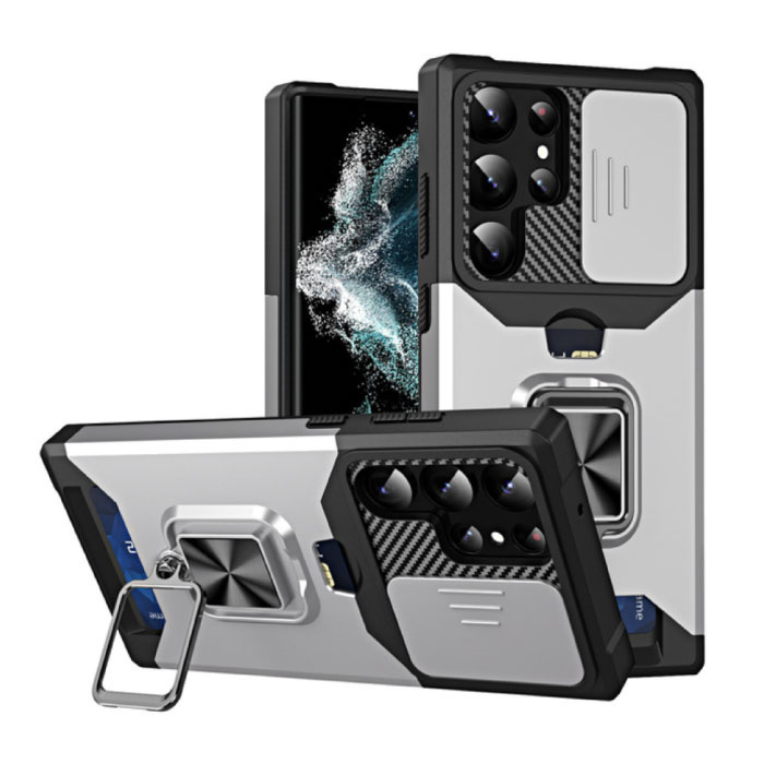 Samsung Galaxy S22 Ultra - Card Slot Hoesje met Kickstand en Camera Slide - Grip Socket Magnetische Cover Case Zilver