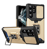 Huikai Samsung Galaxy S21 - Estuche con ranura para tarjeta con función atril y deslizador para cámara - Estuche con cubierta magnética y toma de agarre Dorado