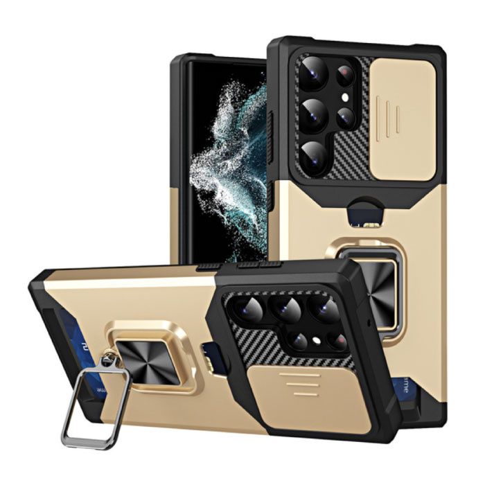 Samsung Galaxy S21 - Card Slot Hoesje met Kickstand en Camera Slide - Grip Socket Magnetische Cover Case Goud
