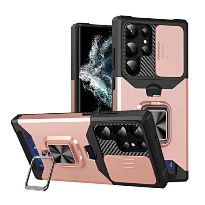 Huikai Samsung Galaxy A32 (5G) - Estuche con ranura para tarjeta con función atril y deslizador para cámara - Estuche con tapa magnética y toma de agarre Rosa