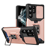 Huikai Samsung Galaxy A13 - Estuche con ranura para tarjeta con función atril y deslizador para cámara - Estuche con tapa magnética con toma de agarre, rosa