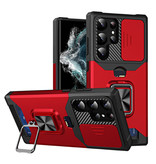 Huikai Samsung Galaxy S21 FE - Custodia con slot per schede con cavalletto e scivolo per fotocamera - Custodia con copertura magnetica con presa per impugnatura rossa