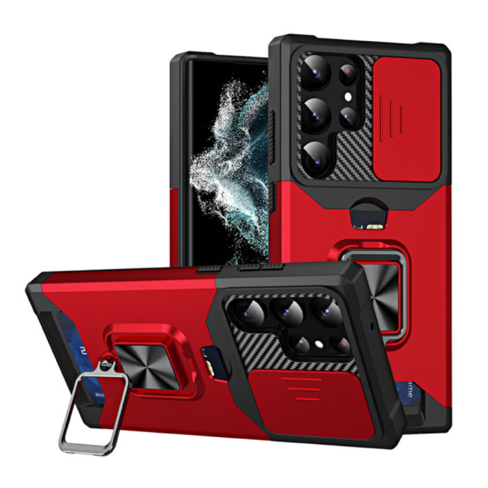 Samsung Galaxy A12 - Card Slot Case with Kickstand and Camera Slide - Grip Socket Magnetic Cover Case Red