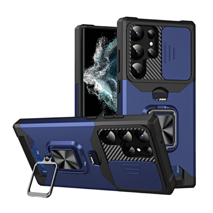Huikai Samsung Galaxy S22 Plus - Card Slot Case mit Kickstand und Camera Slide - Grip Socket Magnetic Cover Case Blau