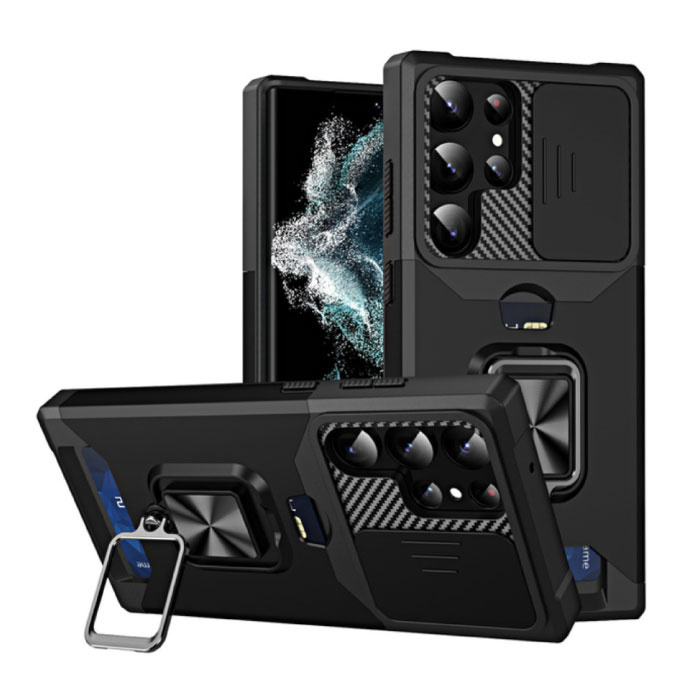 Huikai Samsung Galaxy A04s - Custodia con slot per schede con cavalletto e scivolo per fotocamera - Custodia con copertura magnetica con presa per impugnatura nera