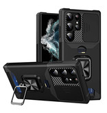 Huikai Samsung Galaxy S23 Ultra - Card Slot Case mit Kickstand und Camera Slide - Grip Socket Magnetic Cover Case Schwarz