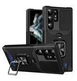 Huikai Samsung Galaxy S22 Ultra - Card Slot Case with Kickstand and Camera Slide - Grip Socket Magnetic Cover Case Black