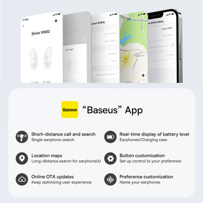 Baseus WM02 Bezprzewodowe słuchawki douszne - Touch Control Earbuds TWS Bluetooth 5.3 Czarny