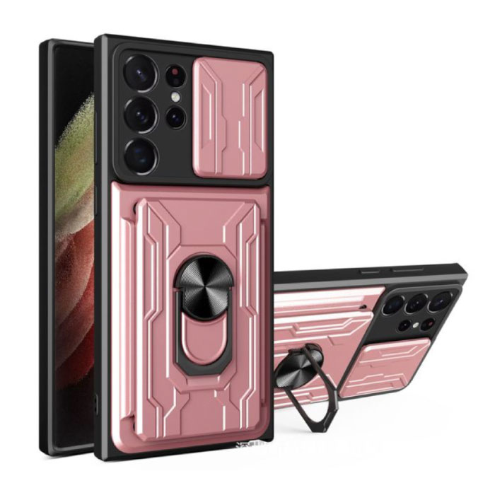 Samsung Galaxy S21 Ultra - Card Slot Hoesje met Kickstand en Camera Slide - Magnetische Pop Grip Cover Case Roze