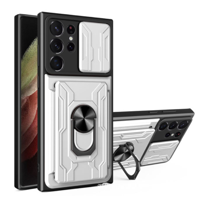 Samsung Galaxy S21 Ultra - Card Slot Hoesje met Kickstand en Camera Slide - Magnetische Pop Grip Cover Case Wit