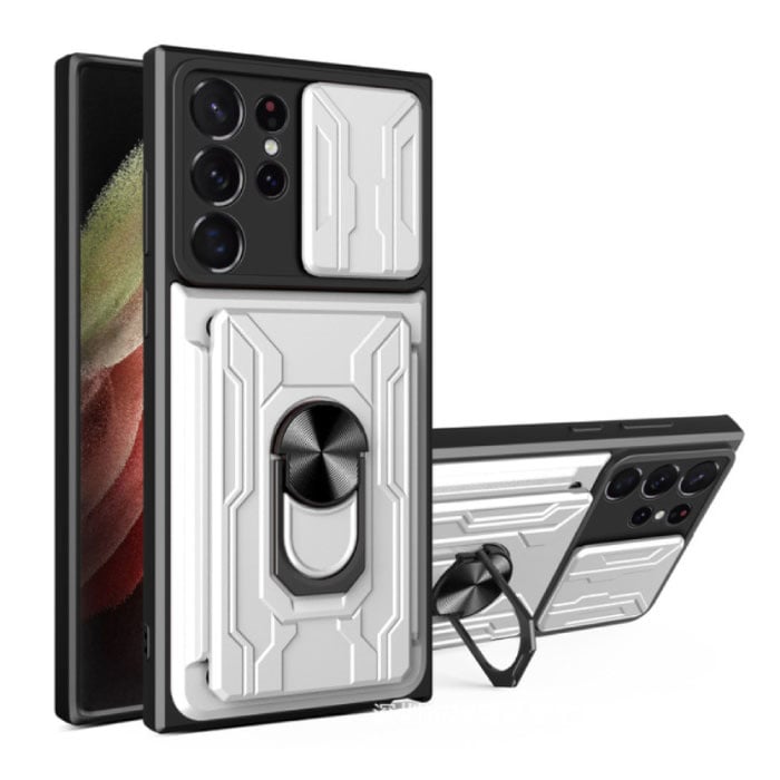 Samsung Galaxy A22 (4G) - Card Slot Hoesje met Kickstand en Camera Slide - Magnetische Pop Grip Cover Case Wit
