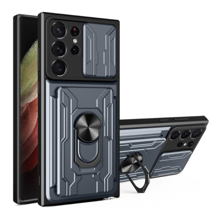 Samsung Galaxy A32 (4G) - Card Slot Hoesje met Kickstand en Camera Slide - Magnetische Pop Grip Cover Case Grijs