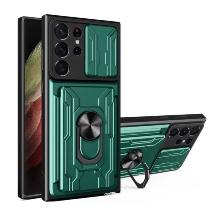 Samsung Galaxy Note 20 Ultra - Card Slot Hoesje met Kickstand en Camera Slide - Magnetische Pop Grip Cover Case Groen