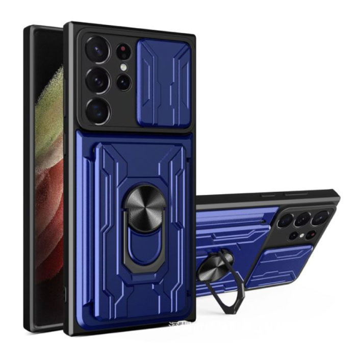 Samsung Galaxy Note 20 Ultra - Card Slot Hoesje met Kickstand en Camera Slide - Magnetische Pop Grip Cover Case Blauw