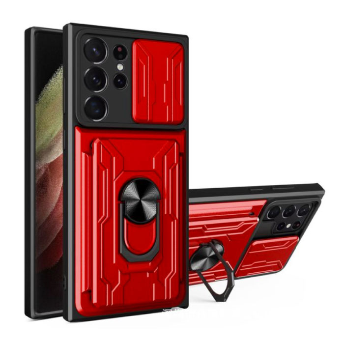 Samsung Galaxy S22 Plus - Hülle mit Kartensteckplatz mit Ständer und Kameraschieber - Magnetische Pop-Grip-Schutzhülle Rot