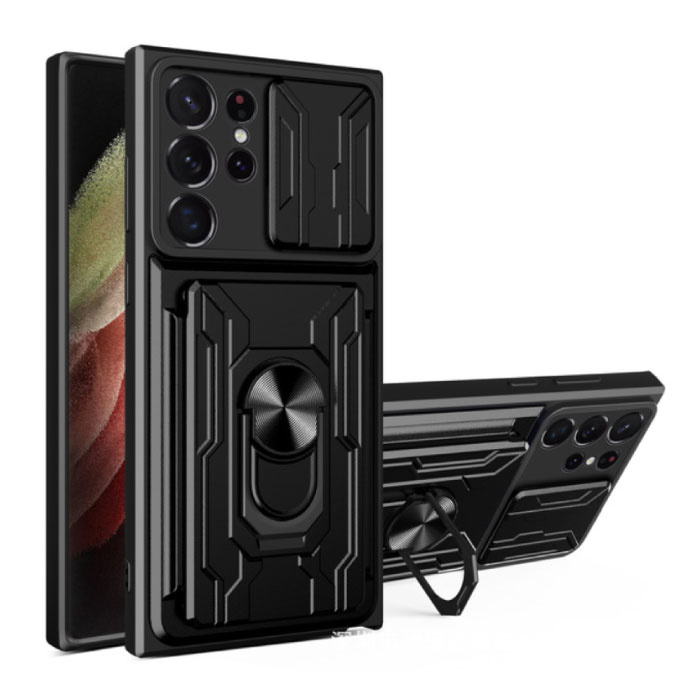 Samsung Galaxy A52 - Card Slot Hoesje met Kickstand en Camera Slide - Magnetische Pop Grip Cover Case Zwart