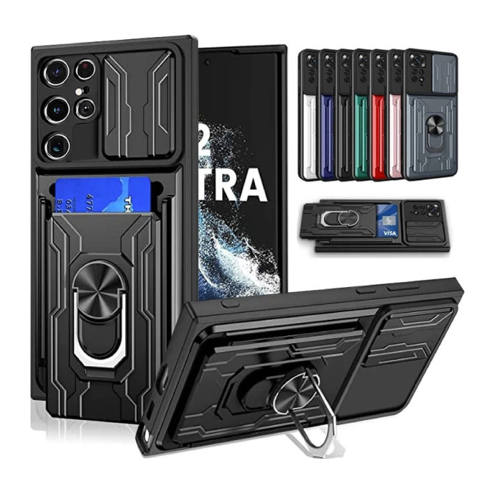 Stuff Certified® Samsung Galaxy S23 - Hülle mit Kartensteckplatz mit Ständer und Kameraschieber - Magnetische Pop-Grip-Schutzhülle Schwarz