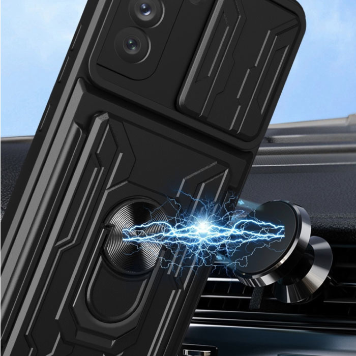 Stuff Certified® Samsung Galaxy S23 - Hülle mit Kartensteckplatz mit Ständer und Kameraschieber - Magnetische Pop-Grip-Schutzhülle Schwarz