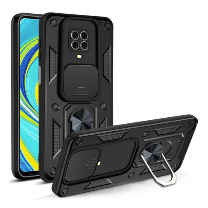 Xiaomi Redmi Note 9S - Armor Case con Cavalletto e Scivolo per Fotocamera - Custodia Cover con Impugnatura Pop Magnetica Nera